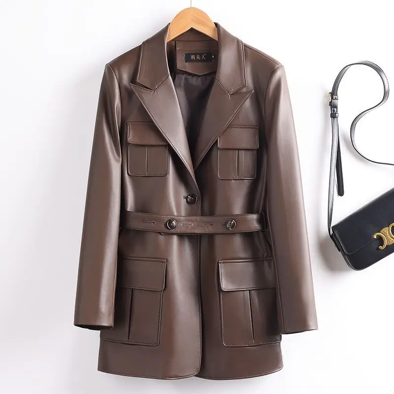 Women's Models Autumn Spring Coat Tops Leather Jacket Suit Collar Trench Coat Lace Up Medium-length Leisure Simple Brand New