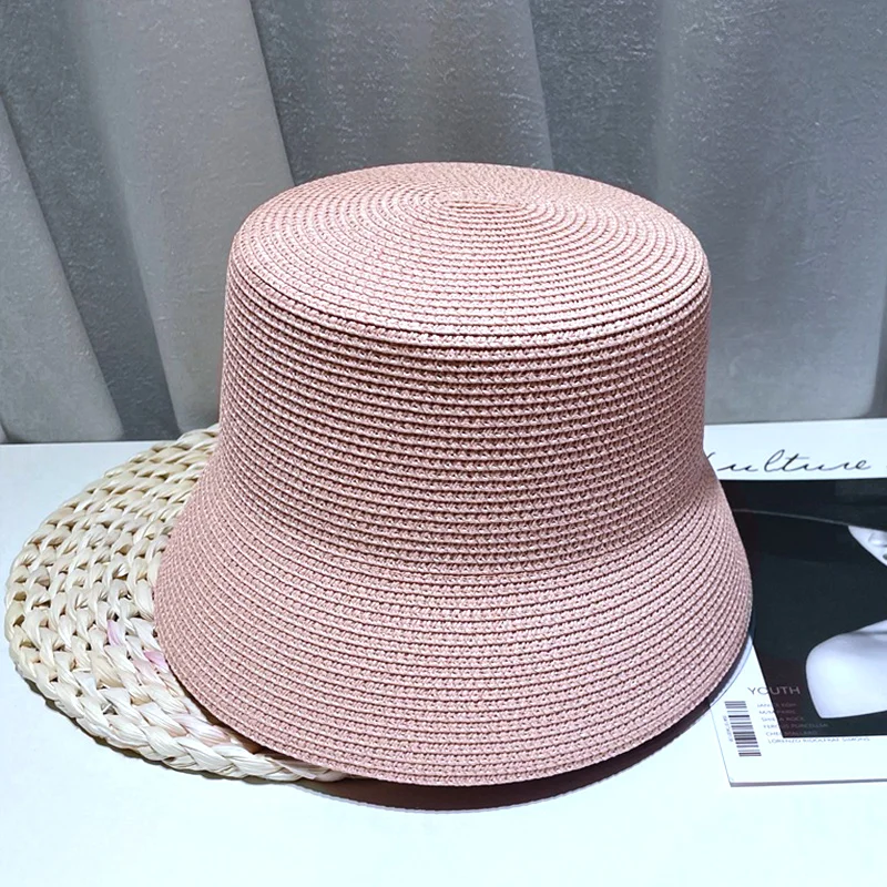 women\'s hat Flat HAT straw hat solid Flat bucket hat foldable basin hat vintage bucket straw hat summer beach sunhat sun