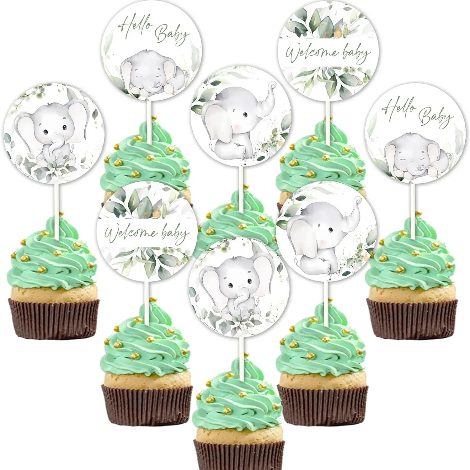 

24pcs Elephant Baby Shower Cupcake Toppers Sage Green Gender Neutral Animal Elephant Welcome Baby Cupcake Table Decor