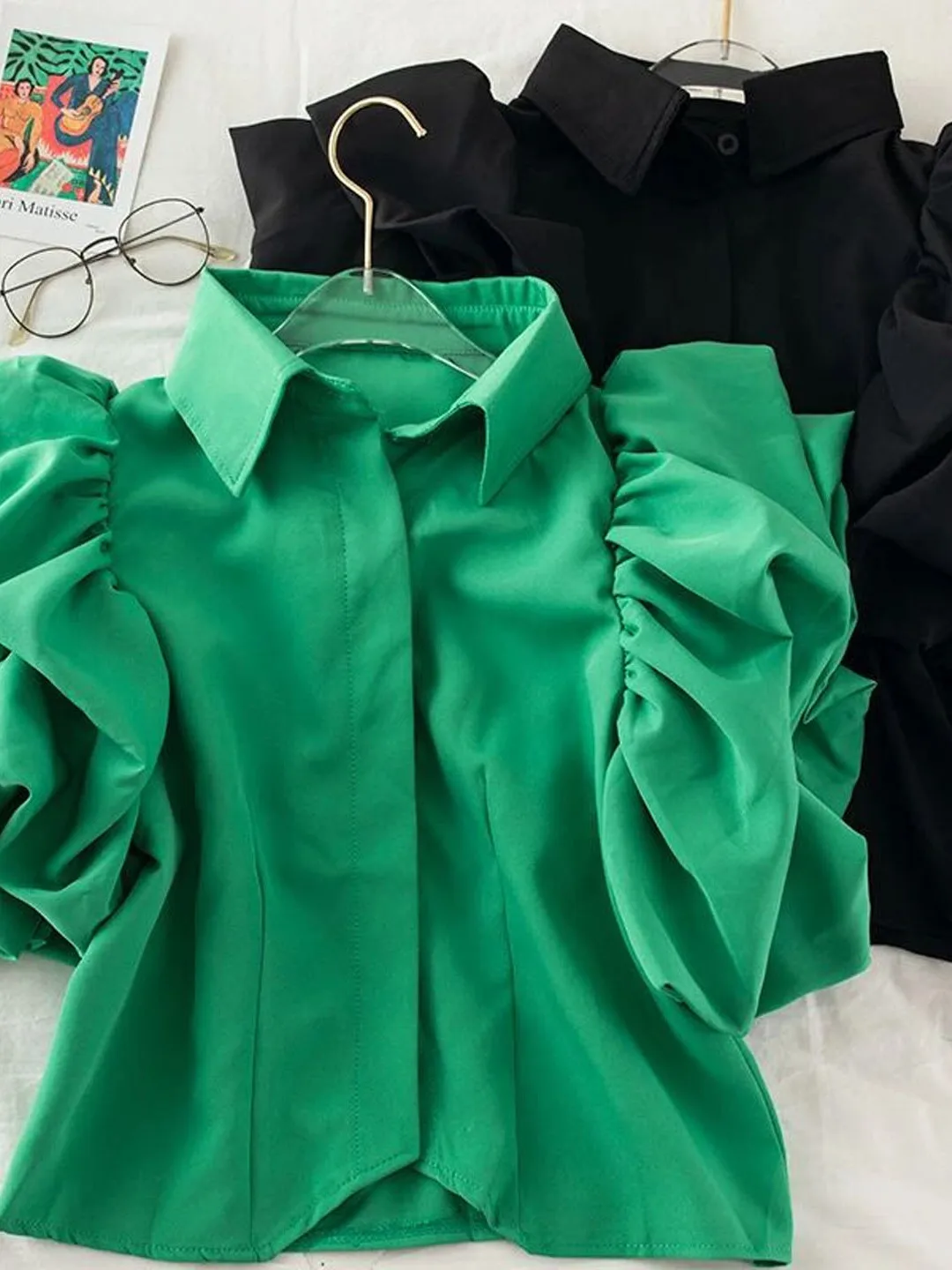 

Шикарная рубашка с рукавами-фонариками, стильная, элегантная, в корейском стиле, свободного кроя, с пуговицами, с коротким рукавом, женская повседневная блузка