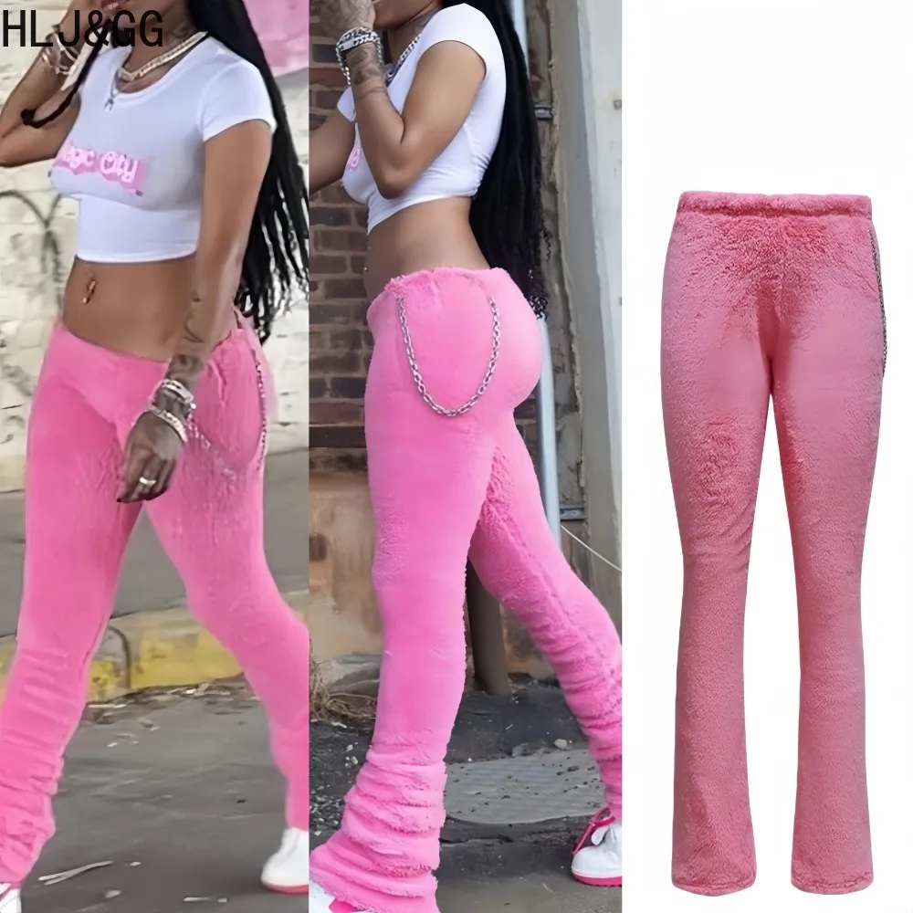 HLJ & GG-pantalones ajustados de retales de piel para mujer, pantalones apilados con cadena de cintura de Color sólido, ropa de calle femenina, novedad de invierno