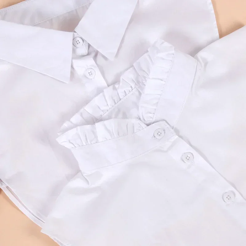 เสื้อเชิ้ตผู้หญิงผ้าฝ้ายสีขาวสำหรับฤดูใบไม้ผลิและฤดูใบไม้ร่วง ปกตั้งเล็กแบบพับได้ อเนกประสงค์ แฟชั่นเสื้อคลุมคอปลอม อุปกรณ์เสริมเสื้อผ้า