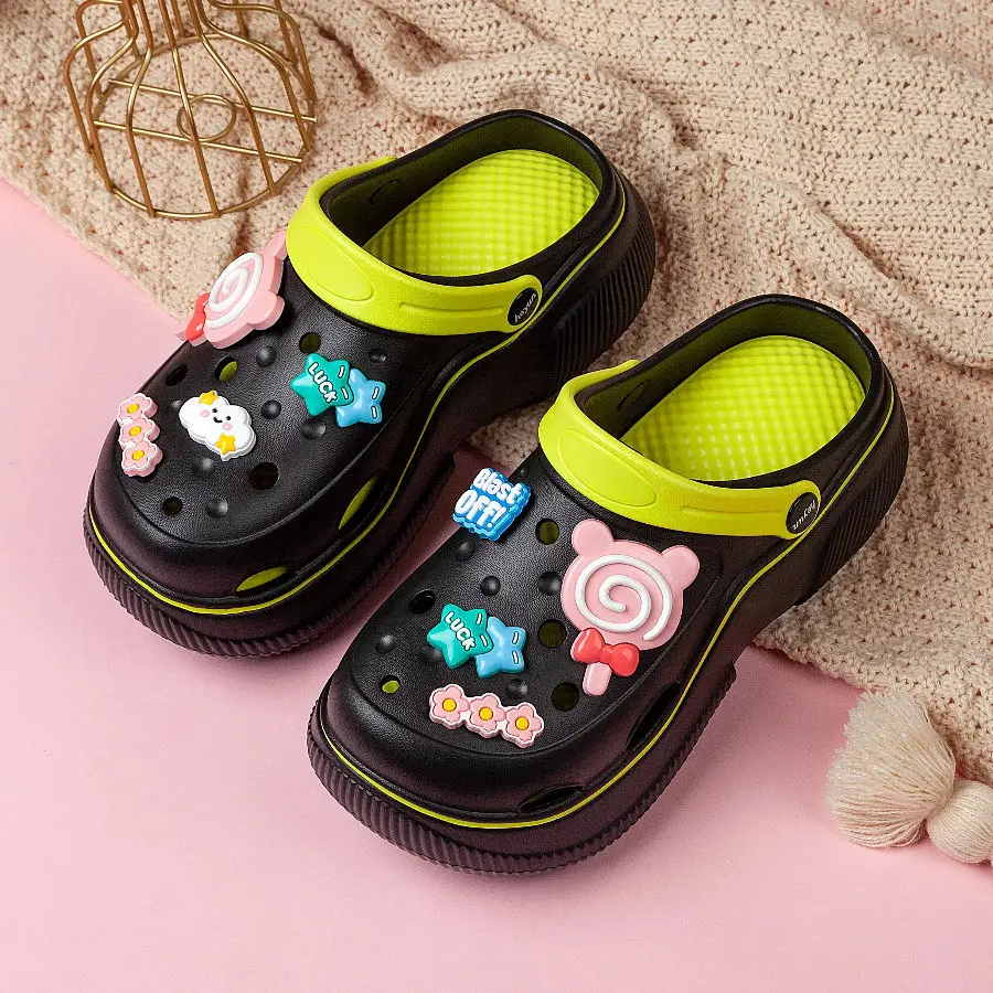 Women mules clogs unisex Couple Style Hollow Out Design Sandals With Strap, Ins Style Thick Sole Anti-slip Slippers