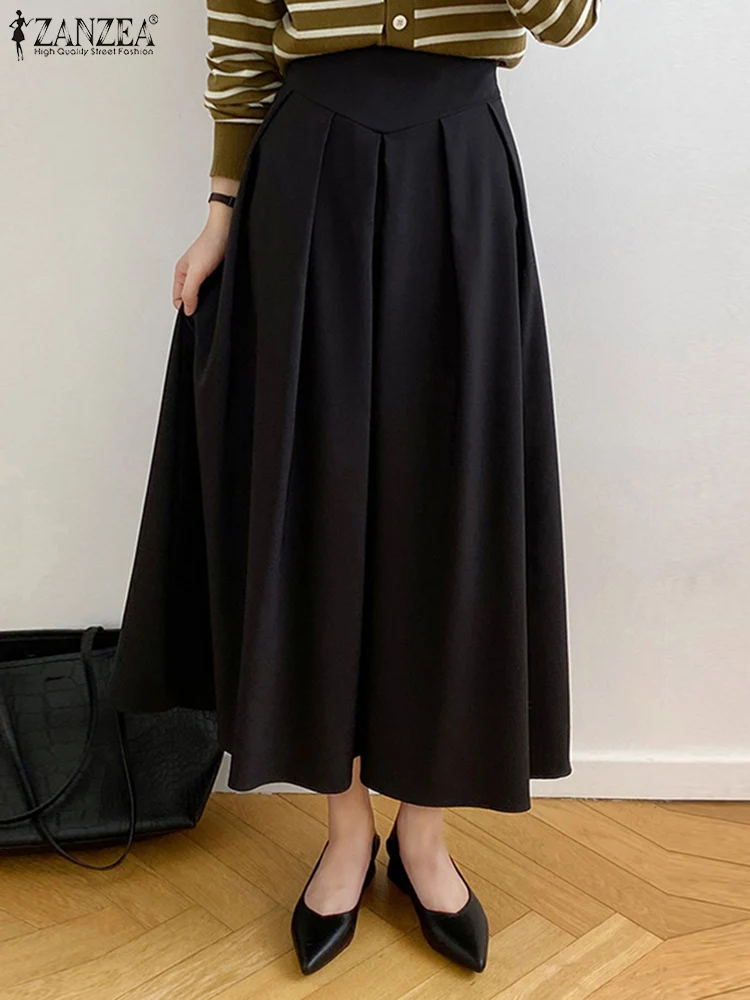 

ZANZEA Women Casual Midi Skirt High Waist Loose Pleat-Detailing Faldas Elegant Solid Summer Jupe Elastic Waist Bottoms Oversized