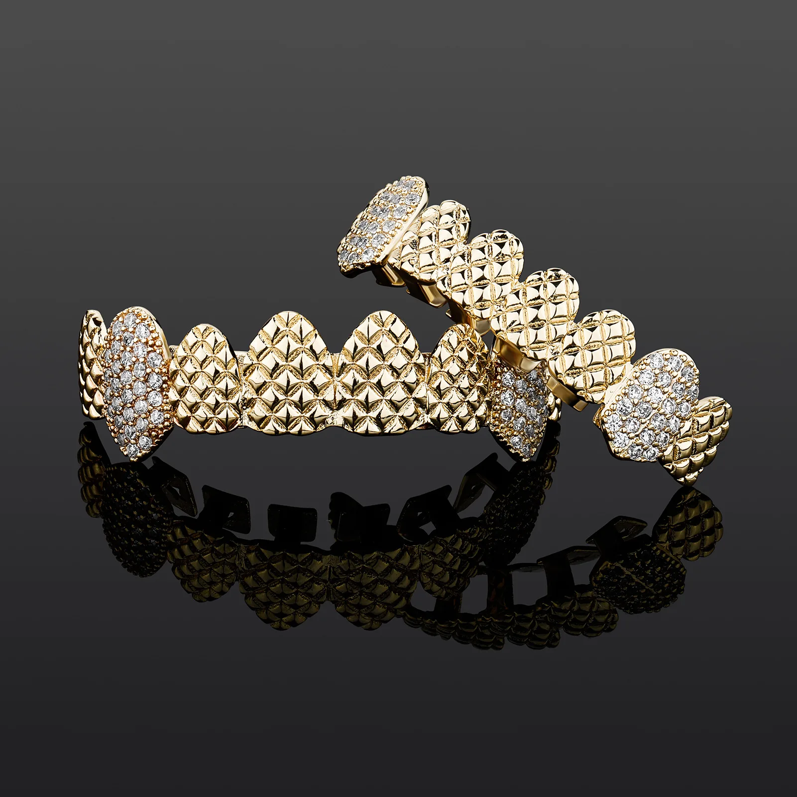 Rapper Hip‑Hop Grillz Set Pyramid Texture 8 Teeth Iced Out Zircon Top Bottom Teeth Cap For Performance Cosplay Party Wear
