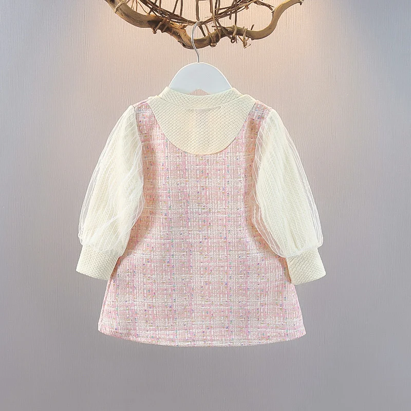 1-5Y New Spring Autumn Dresses For Baby Girls Cute Bow Mesh Plaid Long Sleeve Princess Dress