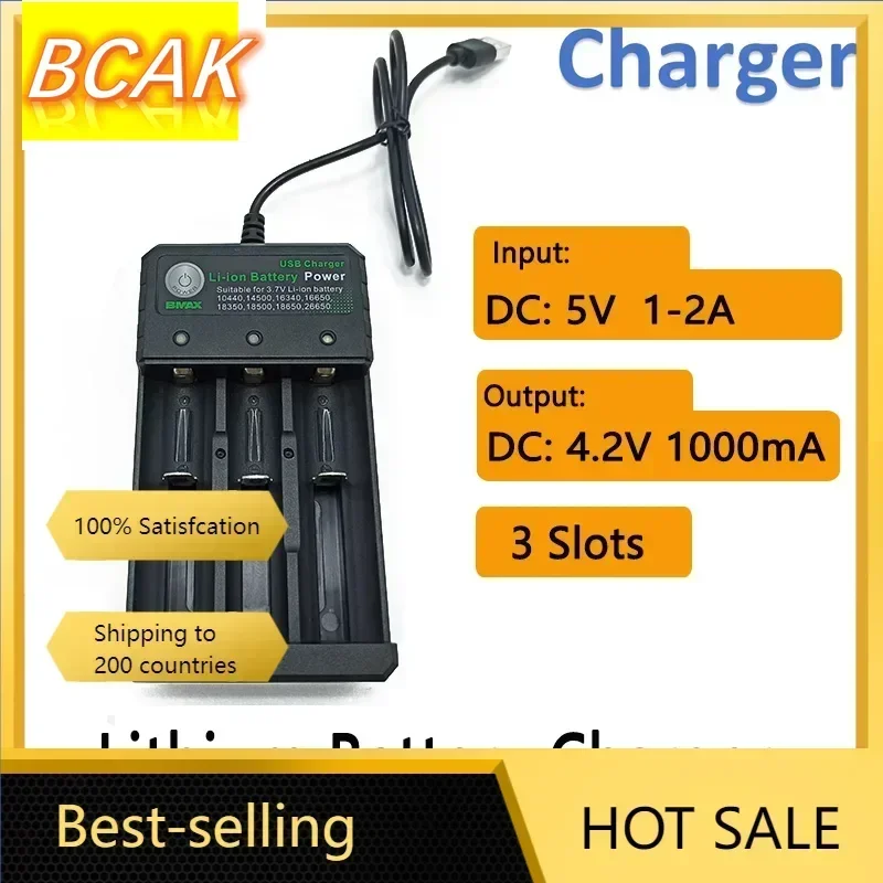 BCAK Charger 4.2V 3Slots Battery Charger for Li-ion Lithium Battery with LED Indicator 18650 26650 25500 16340 14500 10440 17500