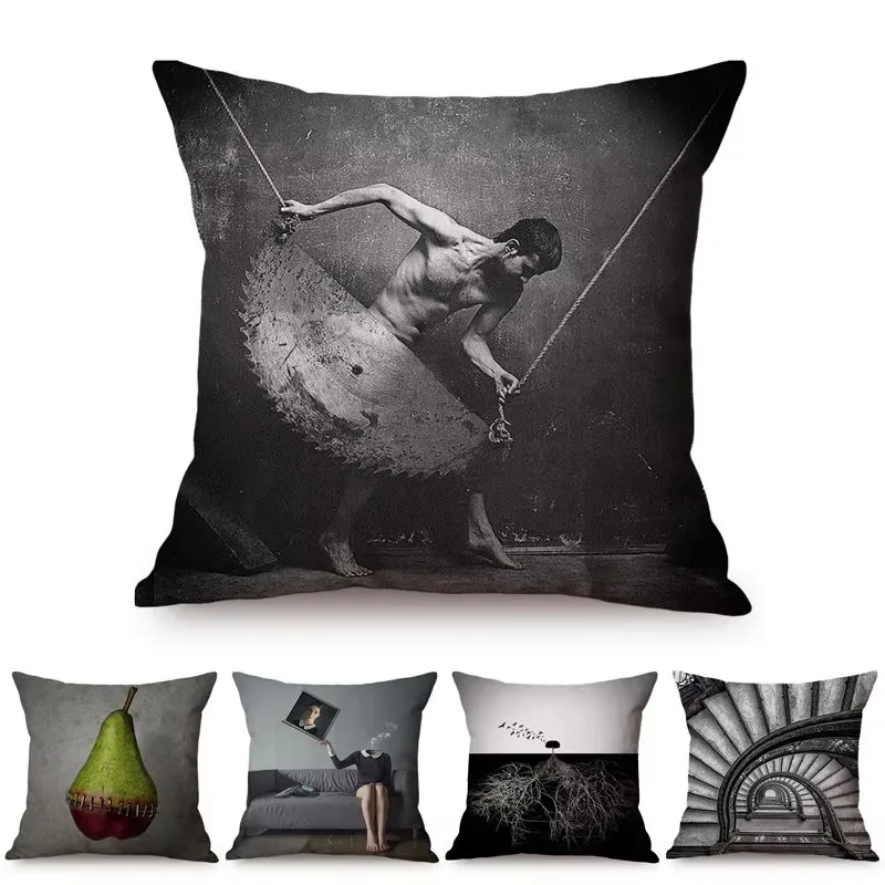 Post Modern Art Design Black and White Photography Home Decorative Cushion Cover Funny Cotton Linen Sofa Chair Throw Pillow Case