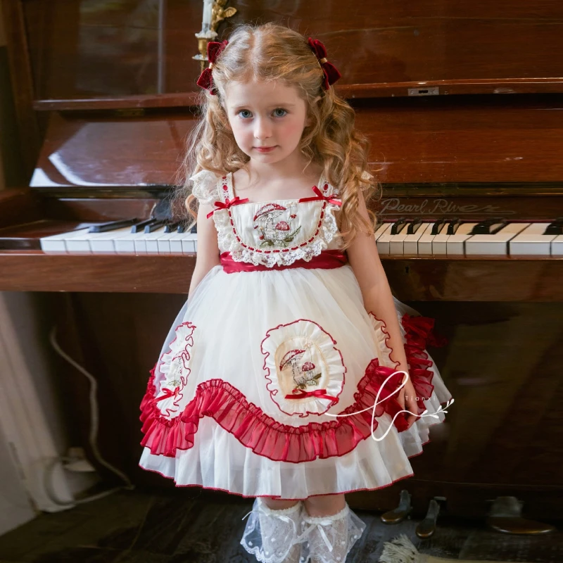 Handmade Red Umbrella Girls Suspender Lolita Princess Dress Four Seasons Children's Mushroom Embroidered Dress Tide