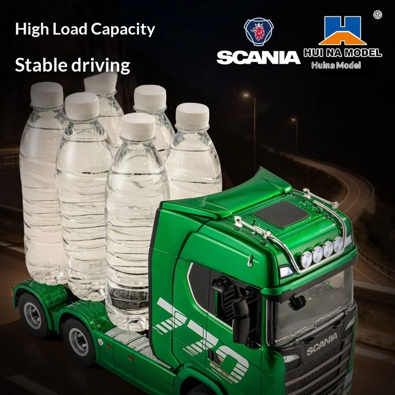 Hui Na Model RC Scania 770S Green Alloy Flatbed Tractor Truck 19 Channels Full Scale Remote Control Toy Gift For Boys