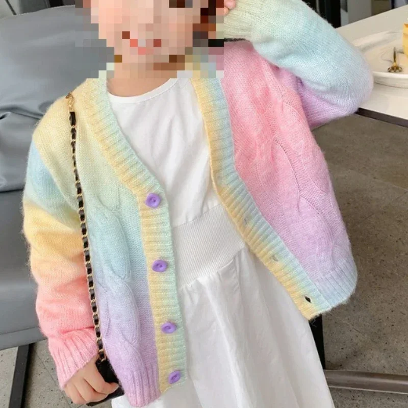 

Girls' Sweater Autumn Outfit Gradient Color Cardigan Knitted Sweater New Small and Medium-sized Rainbow Casual Outwear Jacket