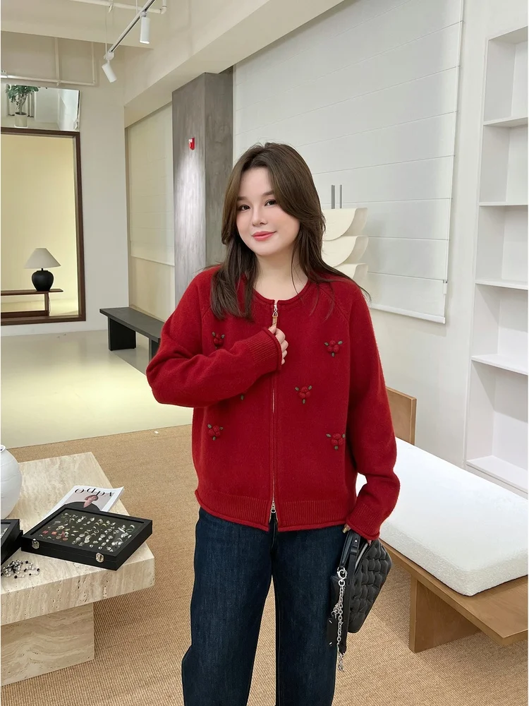 

Вязаный свитер ручной работы с круглым вырезом и молнией, красный, новогодний, больших размеров, женский, свободного кроя, с длинными рукавами, MK3602