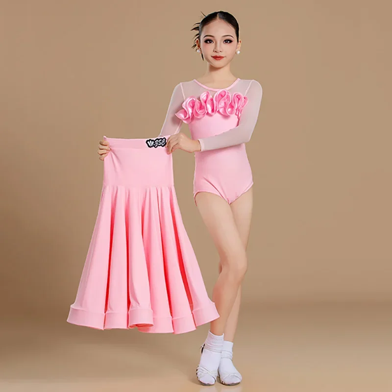 

Kids Girls Waltz Tango Ballroom Professional Costumes Mesh Long Sleeve Jumpsuit and Large Skirts Modern Dancing Clothes