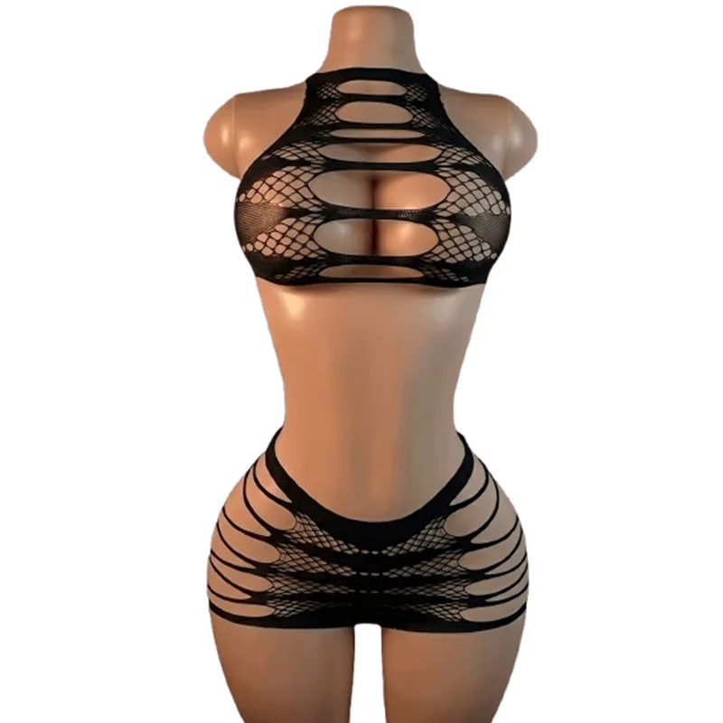 1-Piece Black Fishnet Set – Sexy, Sheer, and Boldly Cut-Out; A Must-Have for Nightclubs and Romantic Date Nights
