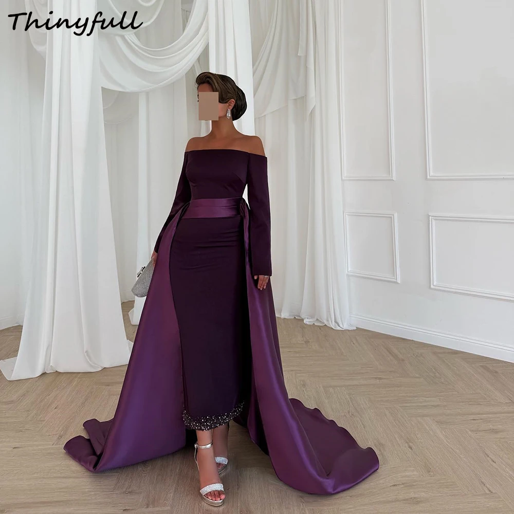 Thinyfull Mermaid Satin Arab Prom Dresses Off Shoulder Full Sleeves Crystal Evening Gown Formal Dress Robe De Soirée Customized