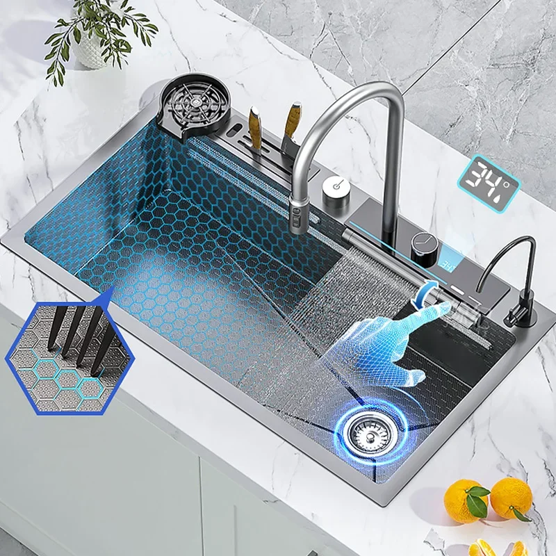 

Kitchen Sink Stainless Steel Digital Display Embossed Waterfall sink Large Single Slot Multifunction Washing Basin