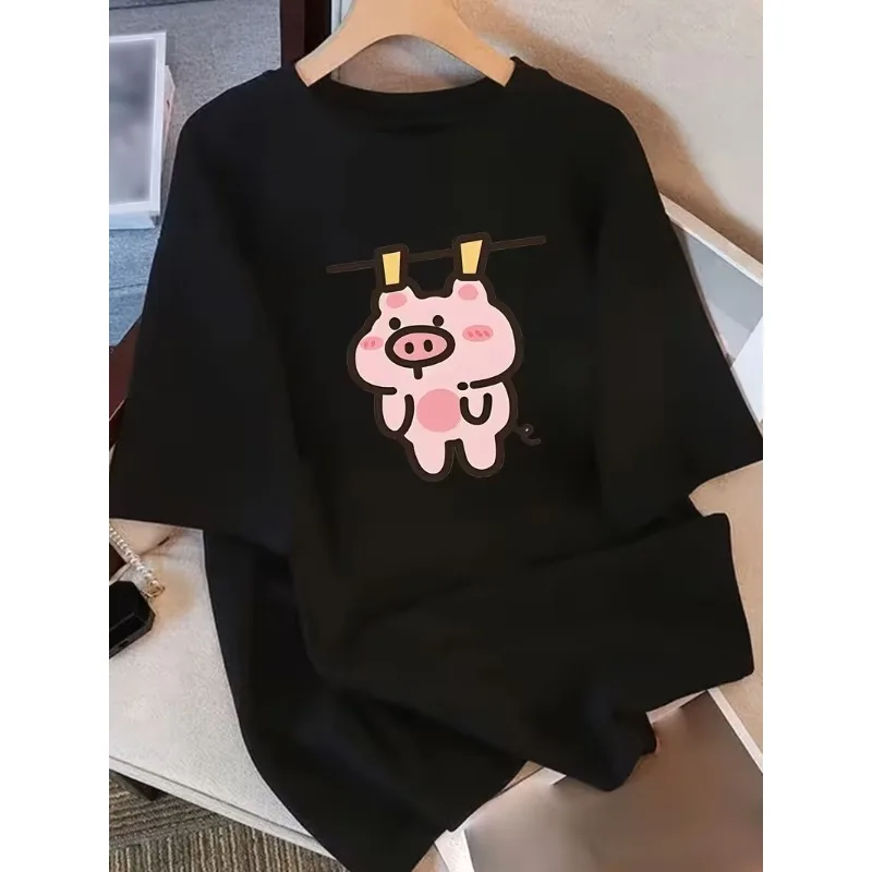 Cute Cartoon Hanging Pig Print Casual T-Shirt Funny Piggy Short Sleeve Tee Loose Fit Crew Neck Top for Daily Wear Vacation