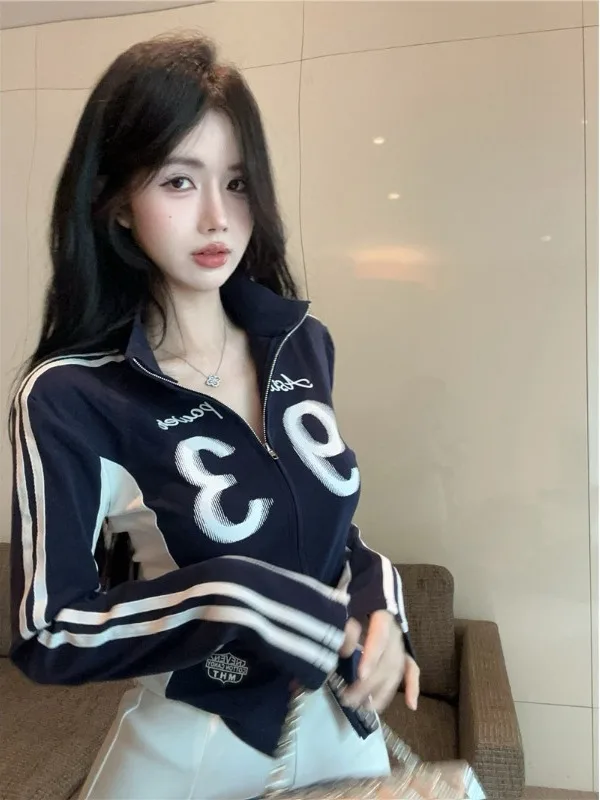 Retro Amerykańska Wiosenno-Jesienna Kurtka z Podwójnym Zamkiem, Długi Rękaw, Stójka, Damska, Dopasowany Krój, Stylowy Top