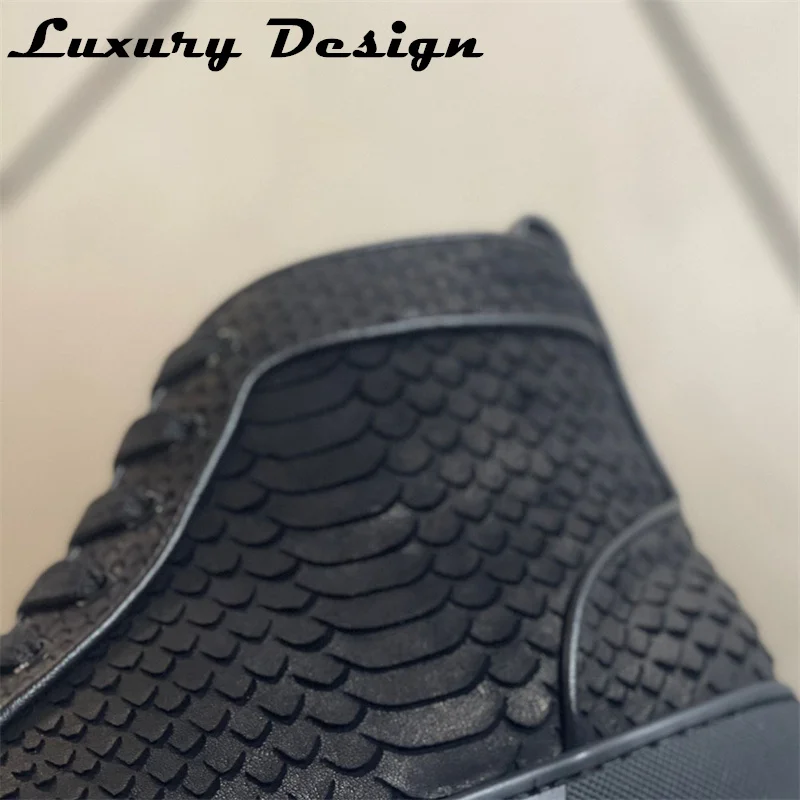 Luxury High Top Black Snake Pattern Leather Red Bottom Shoe Men Casual Flats Loafers Sneaker Wedding Couple Women Brand Trainers