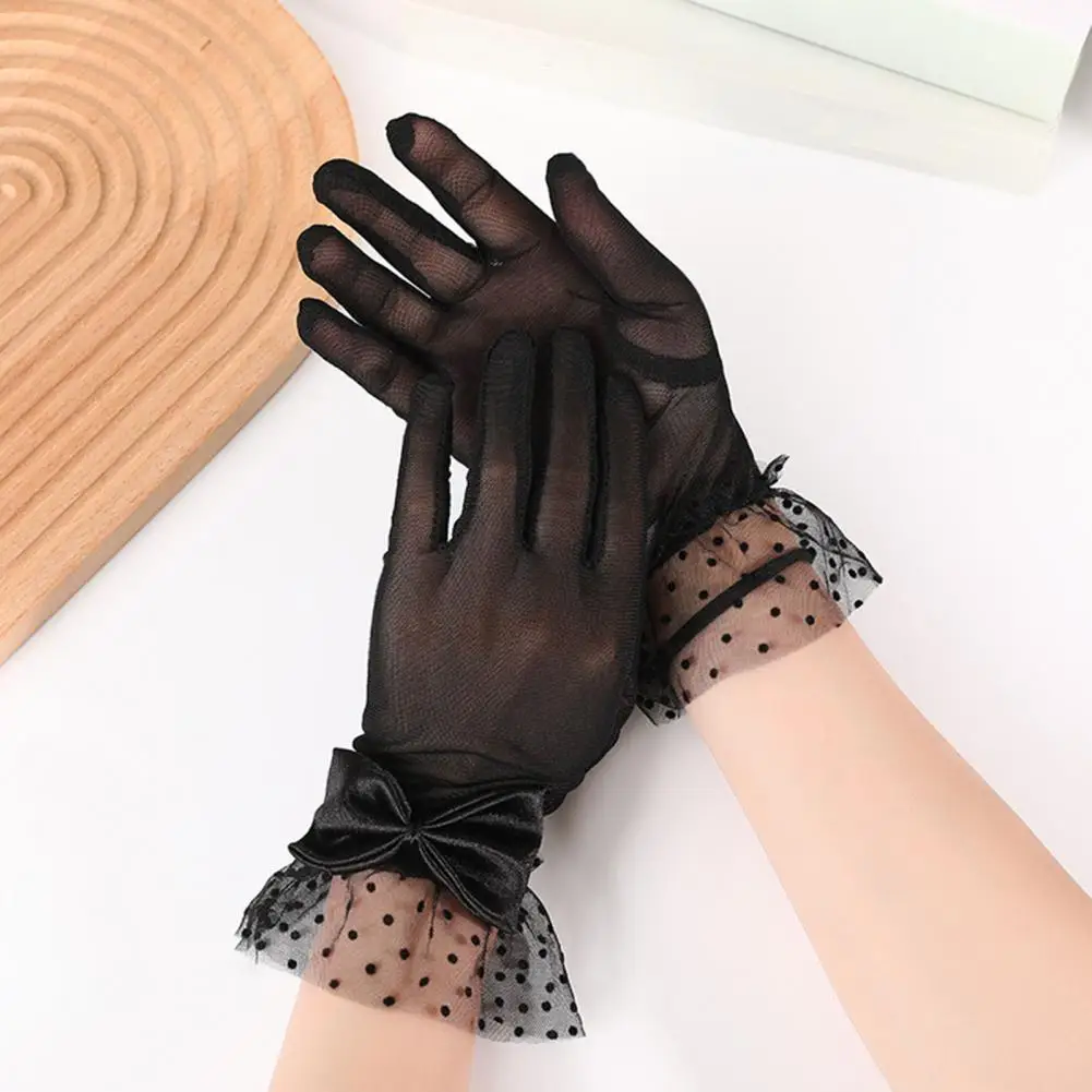 

Women Lace Splicing Gloves Elegant Lace Bow Decor Women's Prom Gloves for Bride Wedding Performances Fishnet Ruffle Edge Full