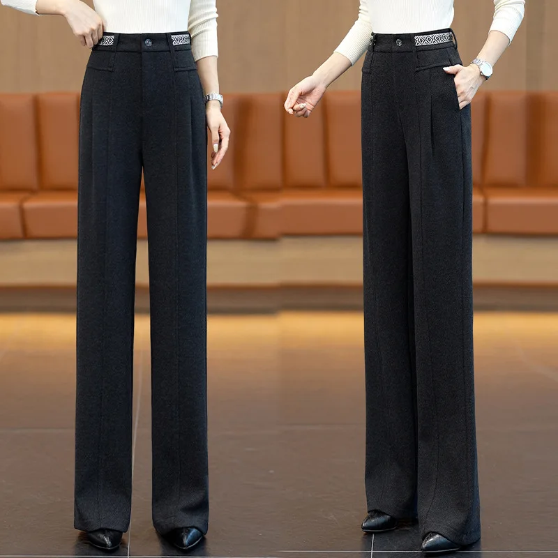 Pantaloni eleganti da donna a gamba larga stretta, nuovi pantaloni casual drappeggiati a vita alta autunnali e invernali