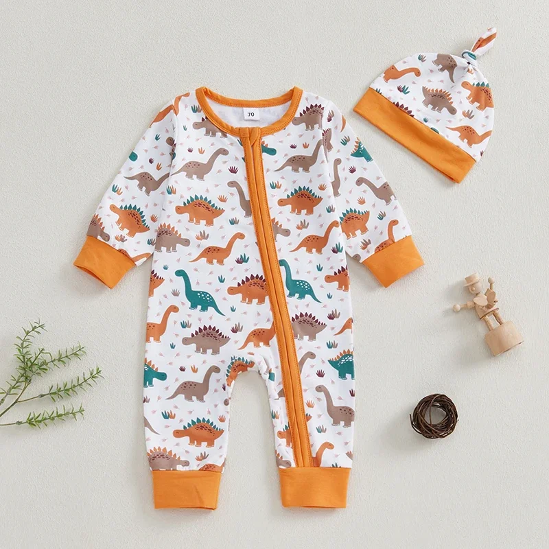 

Infant Baby Boy Dinosaur Print Zip Up Long Sleeve Crew Neck Romper Playsuit Jumpsuit Newborn Autumn Clothes