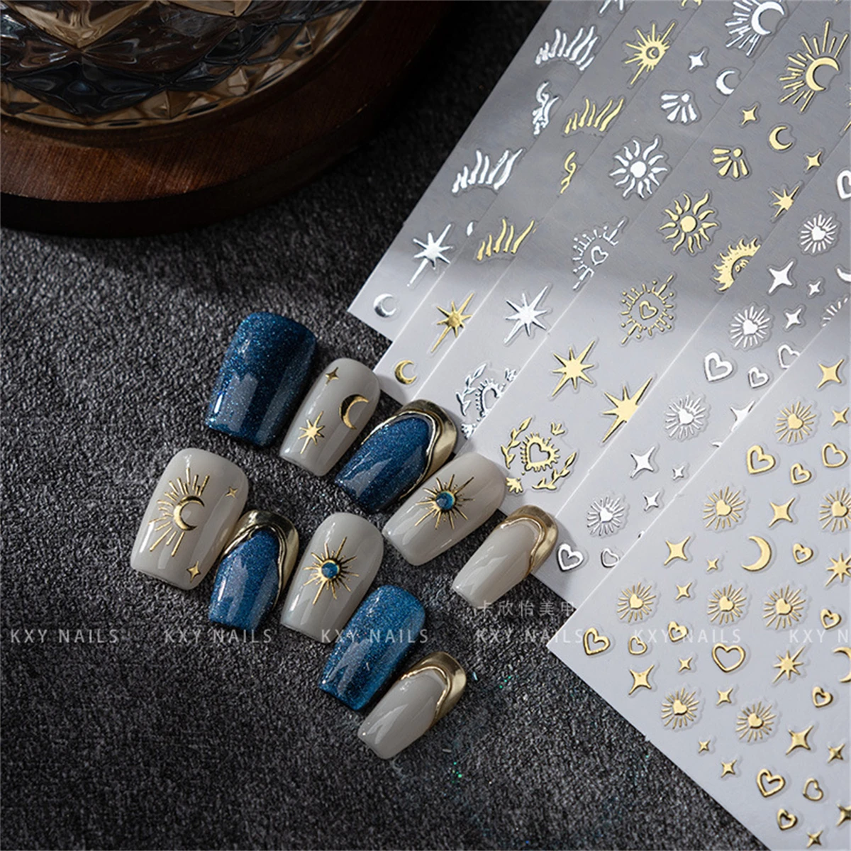 Random 5pcs Gold Silver Nail Art Decal Stickers Mixed Shapes Design Self-adhesive Sticker Acrylic Manicure Decorations Accessory