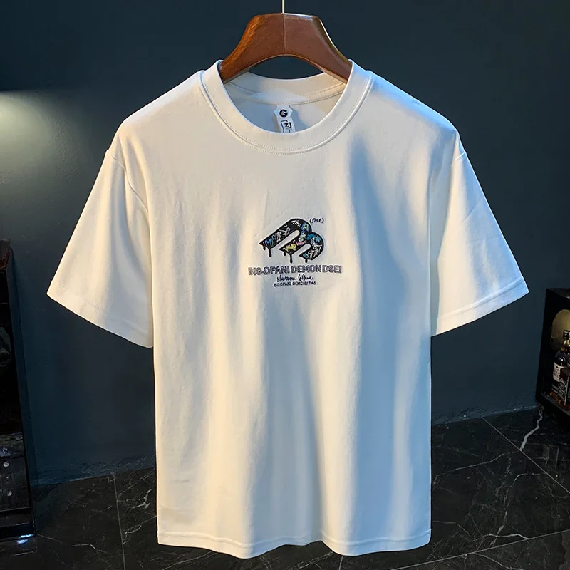 High end embroidered printed T-shirt for men in summer, loose elastic, light luxury trend