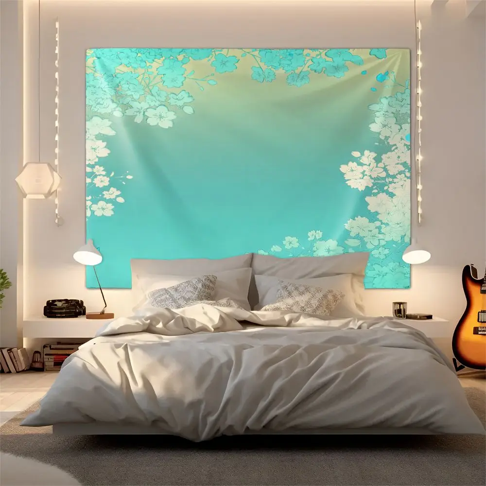 Mint Gradient Cherry Blossom Digital Print Tapestry Wall Hanging Tapestries Wall Blanket Ins Girly Room Photo Backdrop Decor