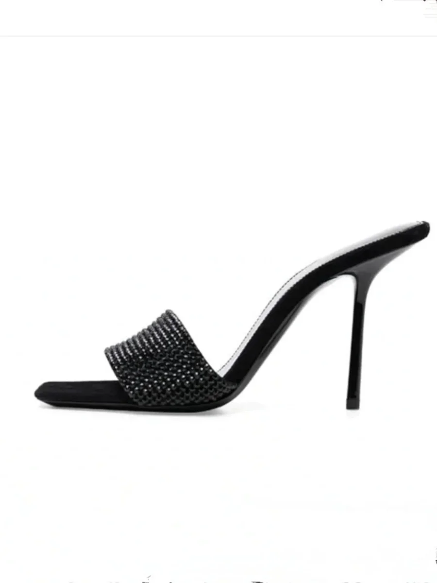 Summer 2025 Women's Black Water Diamond Strap Sandals Square Head High Heel Thin Heel Stylish Yangshulin Design