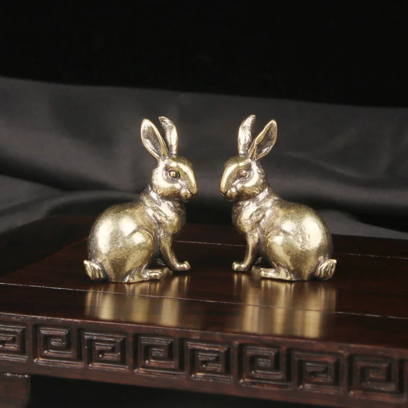 Vintage Brass Bunny Desktop Ornament With Twelve Zodiac Animals Bunny Tea Pet Couple Crafts Bronze Ware