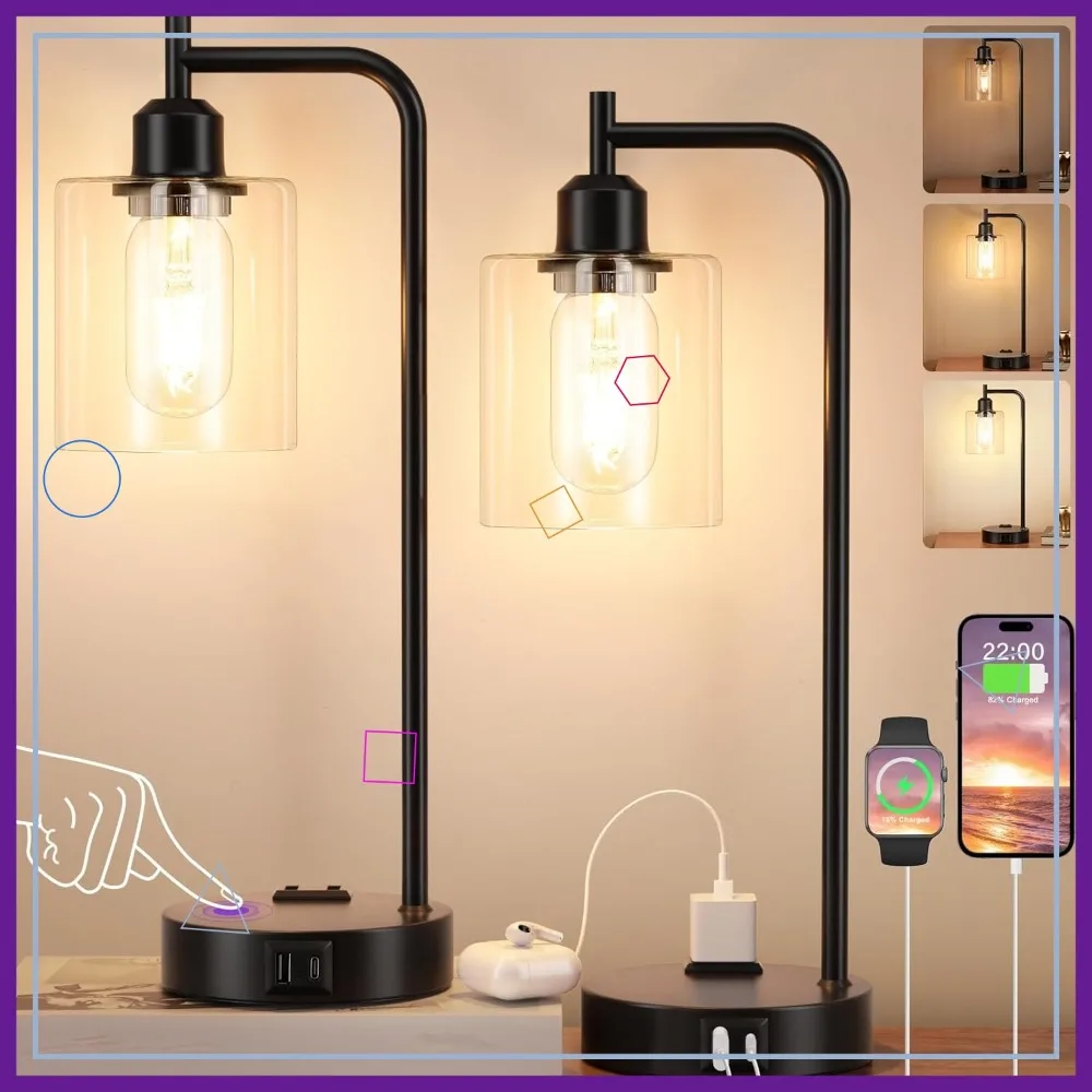 Set of 2 Industrial Touch Table Lamps with USB C+A Ports, 3-Way Dimmable for Bedroom Nightstand, Black Glass Shade