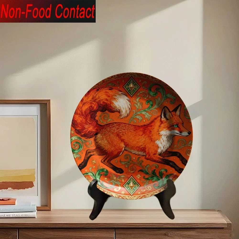 2D Flat, 1pc Hand-Painted Ceramic Fox Decorative Plate - Vibrant Orange & Green Artistic Design, Non-Food Contact, Perfect for