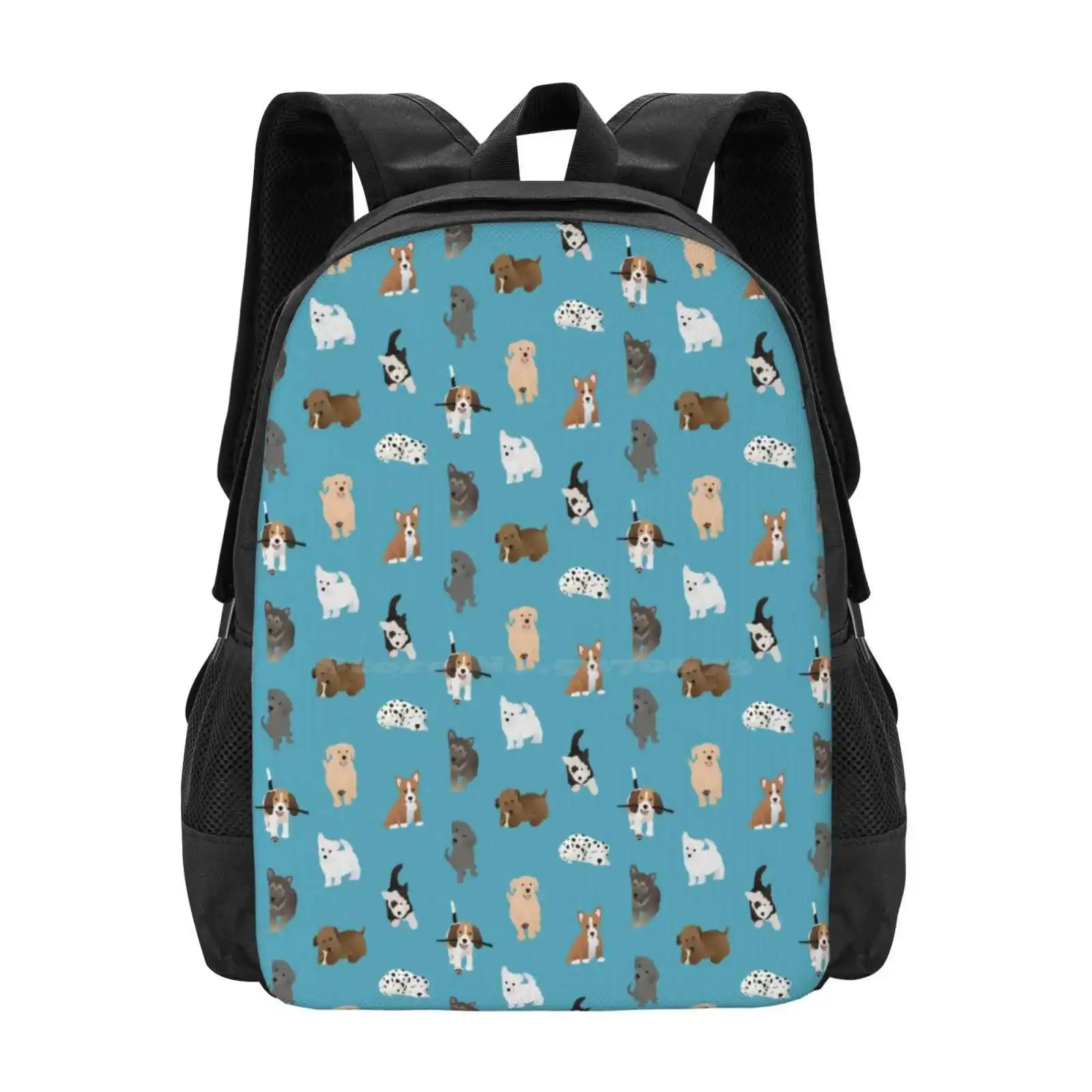 Puppies ( Blue ) Pattern Design Bag Student'S Backpack Dogs Pups Puppies Animals Puppy Pattern Nature Wildlife Beagle Golden