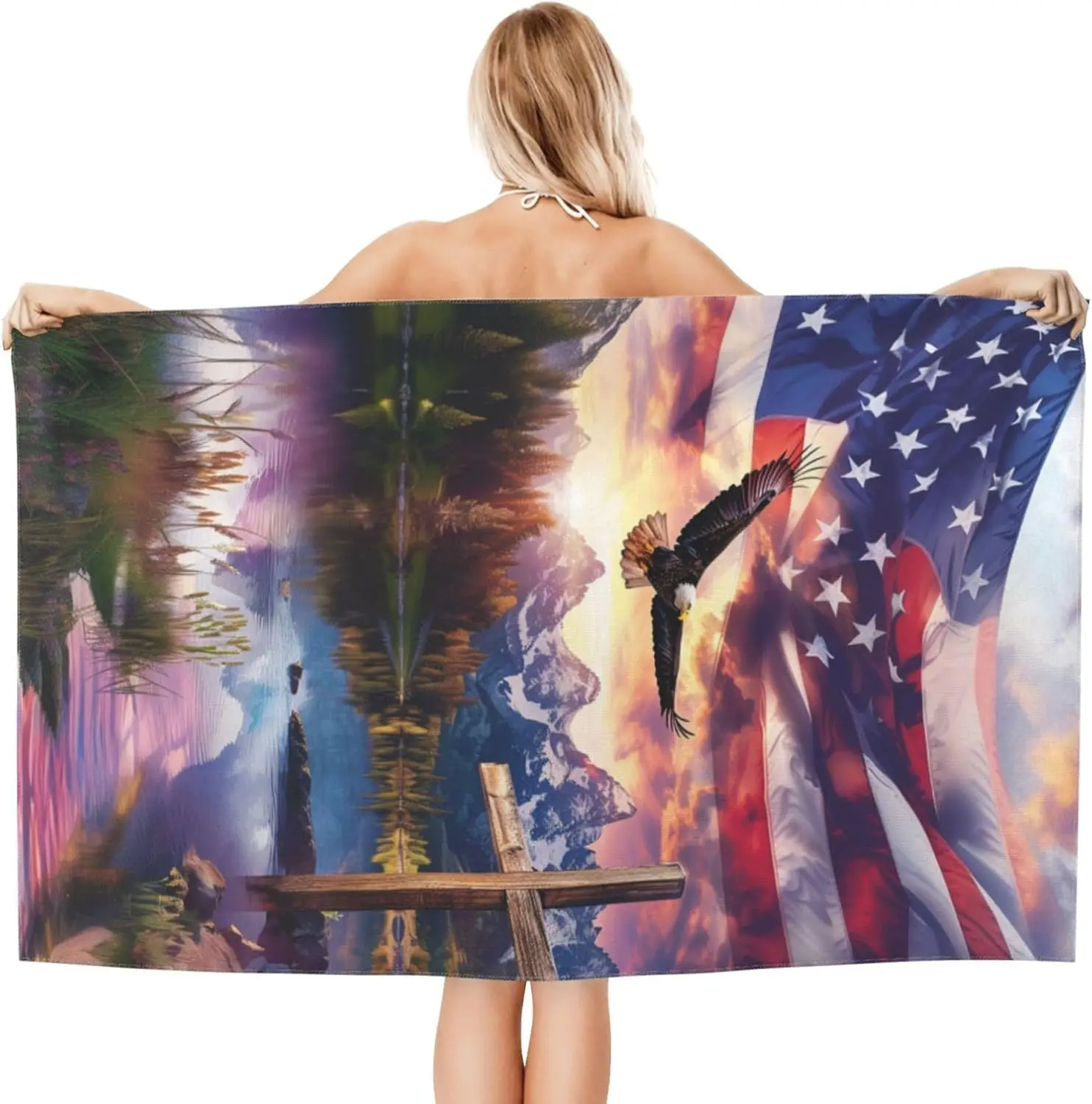 Cool Eagle Beach Towel Microfiber Quick Dry Patriotic American Flag Cross Mountain Bath Towels, Soft Lightweight Oversized