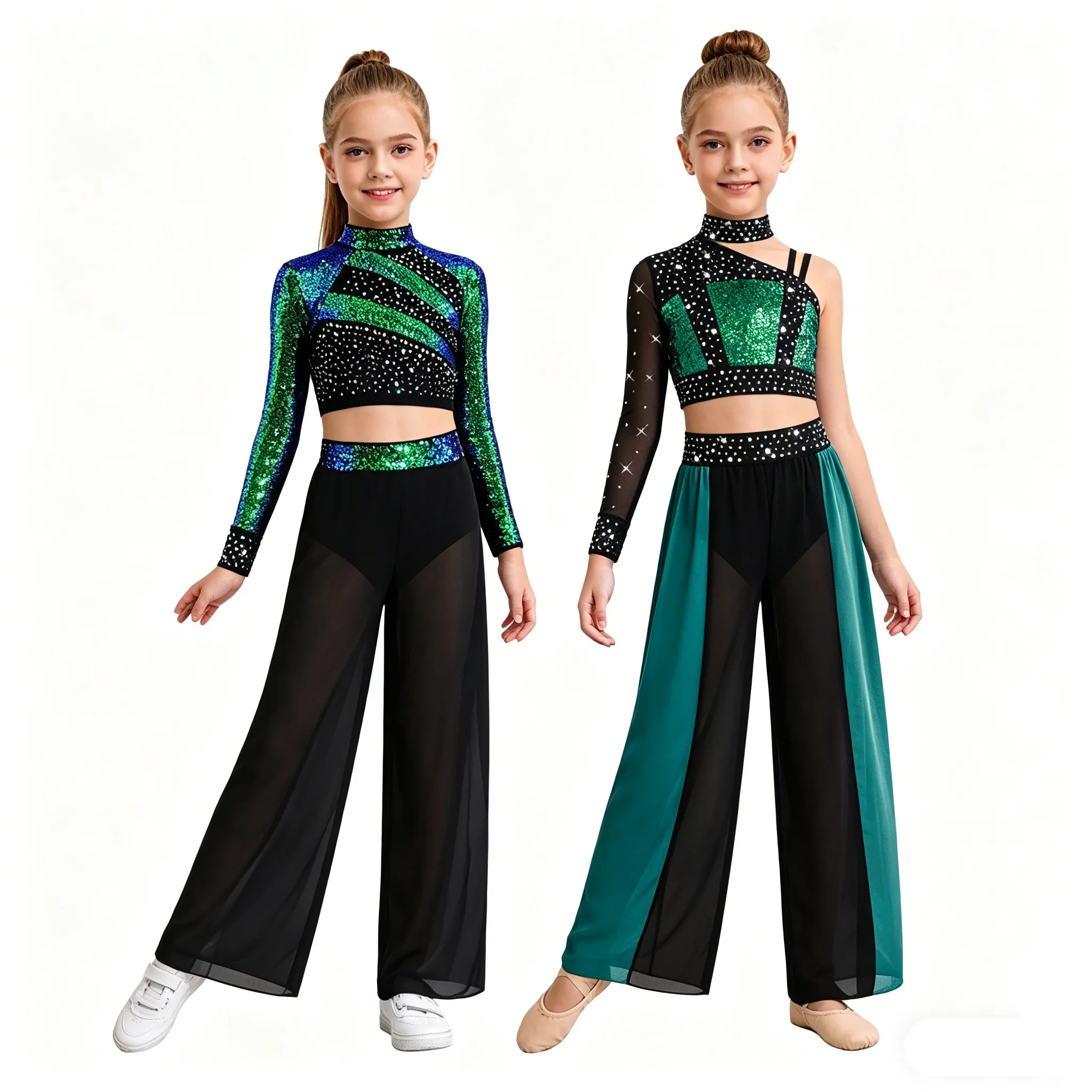 

Kids Girls Shiny Modern Lyrical Dance Outfit Crop Top with Split Sheer Chiffon Pants for Figure Skating Gymnastics Acrobatics