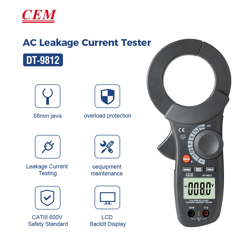 CEM DT-9812 68mm big jaw size 1000A AC Leakage Current Tester clamp meter with Peak hold function