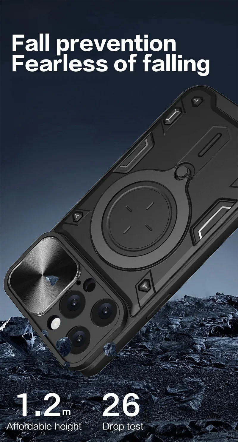 المغناطيسي حلقة حامل حامل درع للصدمات آيفون 16 15 14 13 12 11 برو ماكس زائد الشريحة كاميرا حماية الغطاء الخلفي