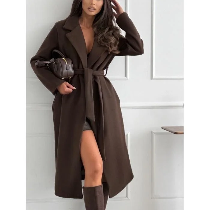

Autumn Winter Cheered Woolen Coat Simple Long Sve Suit Collar Commuting Khaki Color Street Sle Women's Faion Outerwear