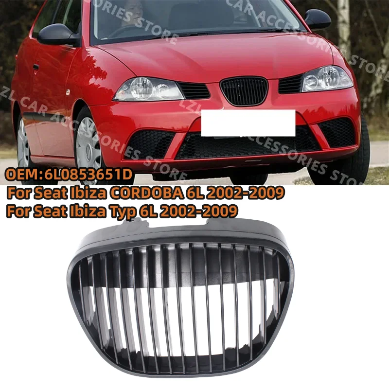 Front Bumper Grille Cover, Central Badgeless Grill, Preto fosco, Seat Ibiza MK3, Tipo de Córdoba 6L, 2002-2009, 6L0853651D