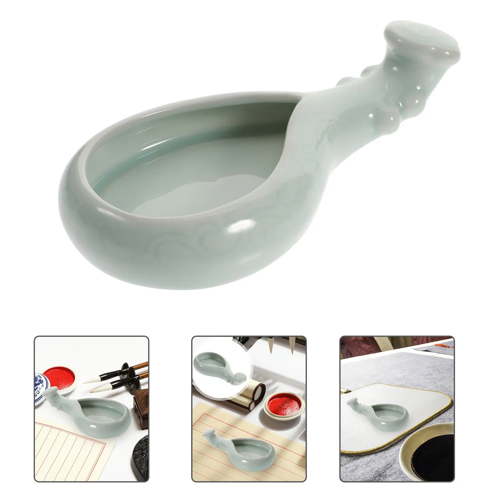 1Pcs Ceramic Calligraphy Ink Dish Lute Shape Ink Plate Brush Pen Holder for Painting Drawing Writing Calligraphy Brush Tray