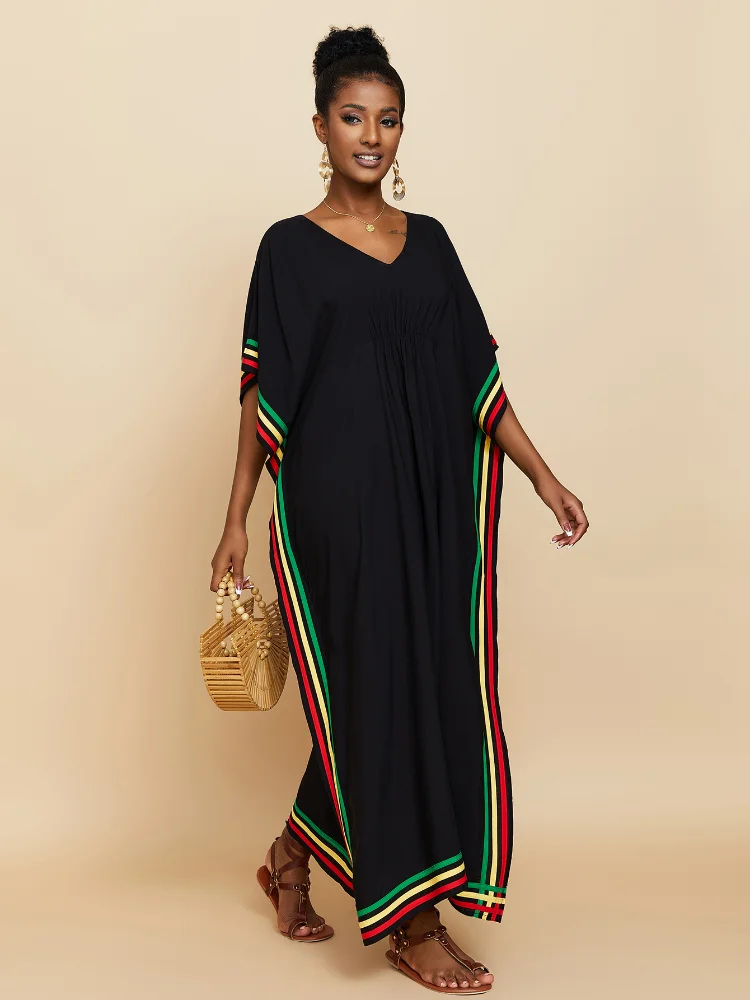 Beach Cover Ups Kaftans for Women Rainbow Patchwork Maxi Dresses Short Sleeve India Folk Summer Seaside Holiday Bathing Suits