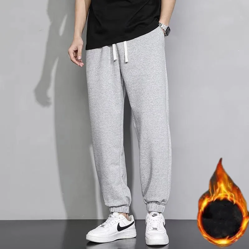 Autumn Winter New Fleece Versatile Casual Pants Men Korean Solid Elastic Waist Drawstring Pockets Straight Loose Sports Trousers