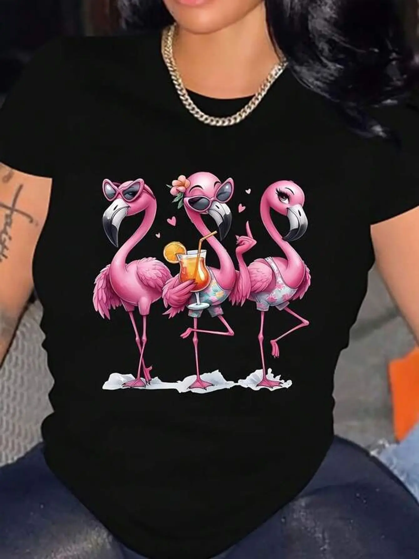 Plus Size, Flamingos Graphic Print Plus Size Women's T-Shirt, Short Sleeve Crew Neck Casual Top For Summer & Spring, Women's Clothing