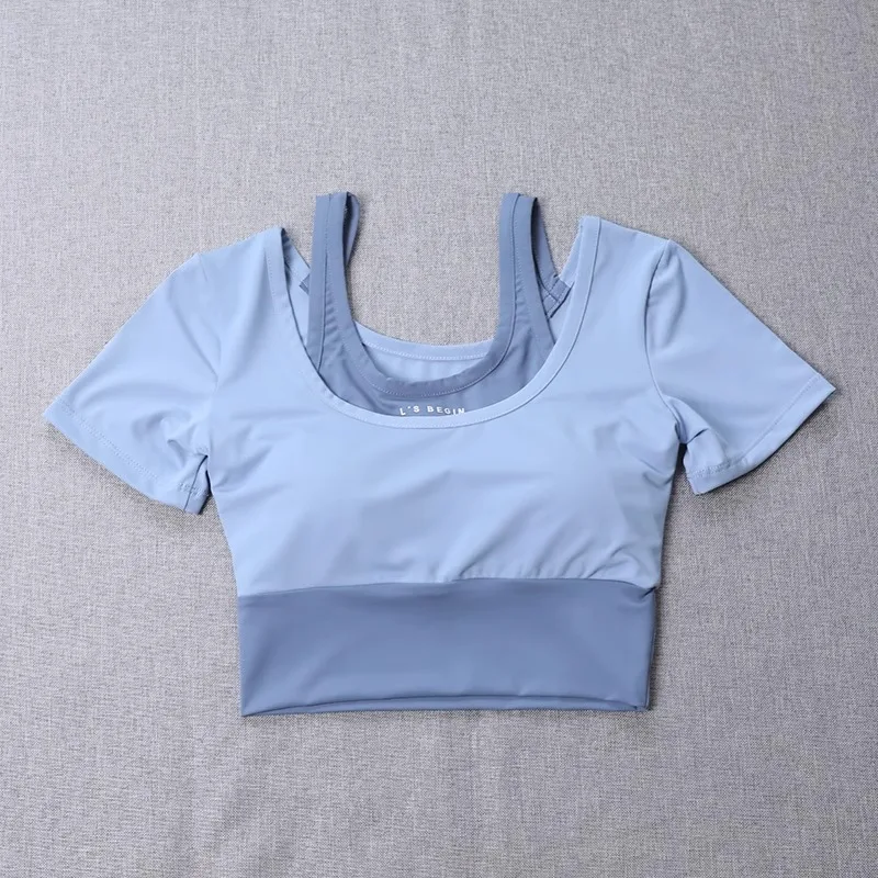 Women's 2-in-1 Built-in Bra Tight Yoga Top Quick-Dry Cropped Workout Shirt Summer Fitness Training Short Sleeve