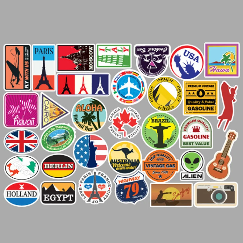 100Pcs/set Travel Map Country Famous Logo PVC Waterproof Stickers Decor Suitcase