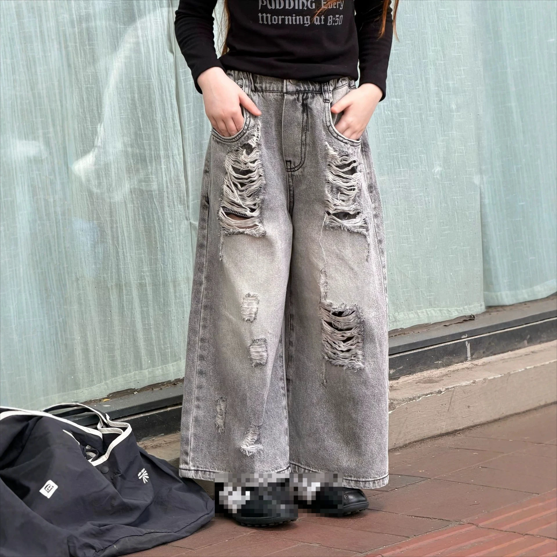 American Distressed Ripped Jeans 2026 Fall New Trendy Stylish Wide Leg Pants Kids Versatile Long Pants