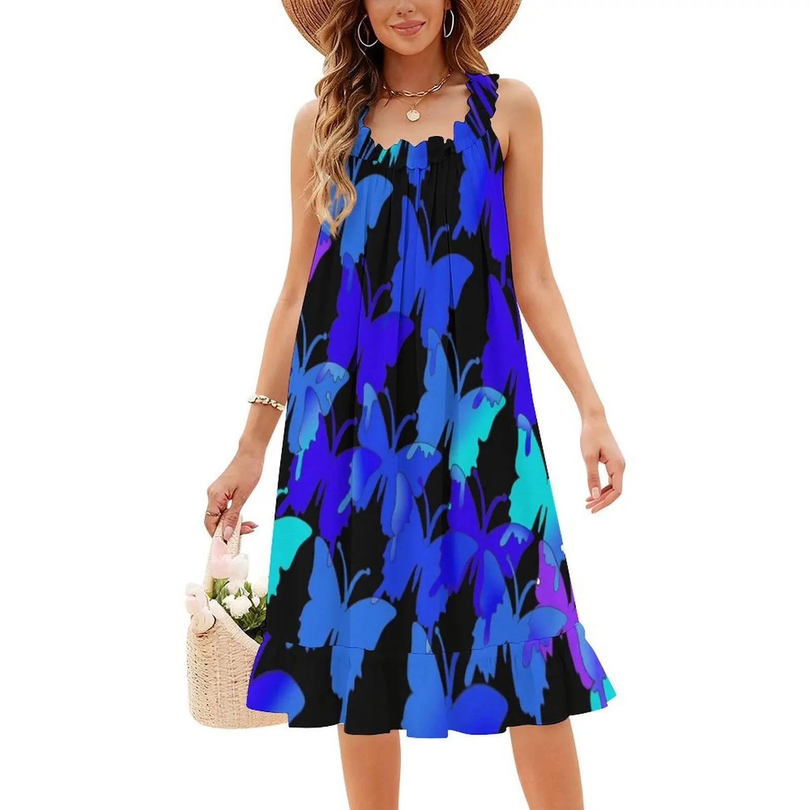 Butterflies Blue Lilac Black Sky Retro 80S And 70S Art Vintage Bohemian Dress Puff Sleeve Or Sleeveless Options For Women Dress