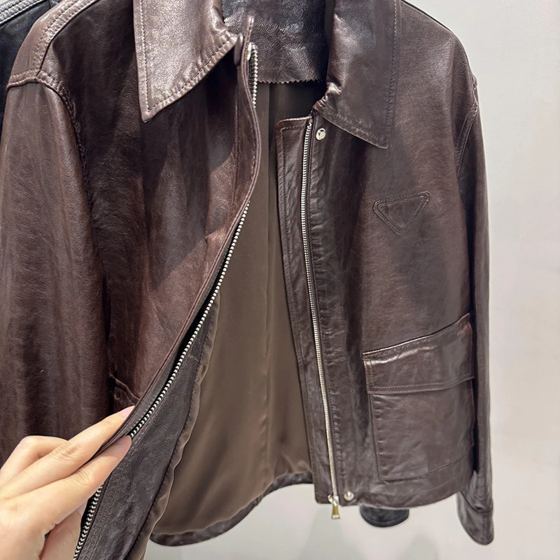 Giacca casual in vera pelle da donna retrò olio invecchiato cerve caffè/nero femminile bavero primo strato cappotti di pelle di pecora top 2026