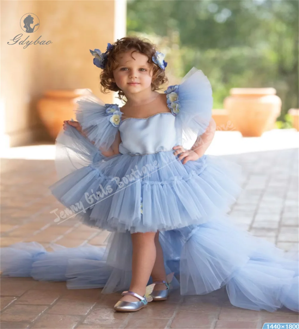 Princess Light Blue Girls Party Dress Birthday Lovely Flower Girl Dresses Pretty Tutu Tulle First Communion Short Sleeve